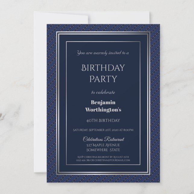 Invitación Fiesta de cumpleaños 40 Royal Blue y Silver (Anverso)