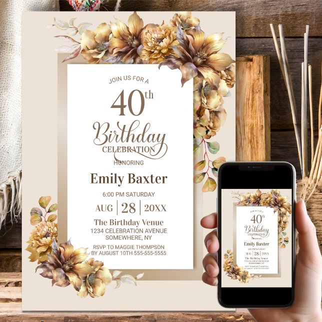 Invitación Fiesta de cumpleaños 40 Rustic Floral (Subido por el creador)