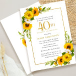 Invitación Fiesta de cumpleaños 40 Rustic Sunflower<br><div class="desc">Bonito floral de girasol amarillo 40 cumpleaños invitación a la fiesta. Las peonías amarillas y las margaritas blancas se mezclan con los girasoles. Un marco dorado rectangular le da un ambiente elegante. La celebración del 40 cumpleaños y el nombre del celebrante están escritos en oro. Muy fácil de personalizar. Esa...</div>