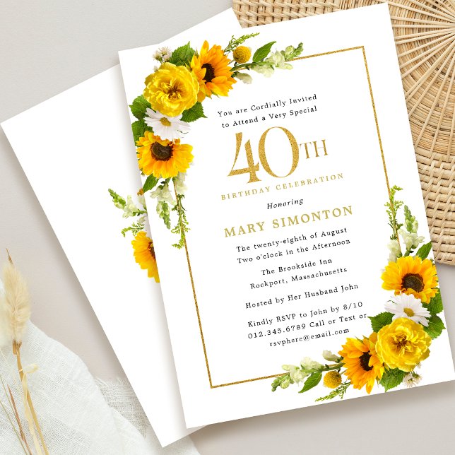 Invitación Fiesta de cumpleaños 40 Rustic Sunflower (Send an invitation your guests with notice!)