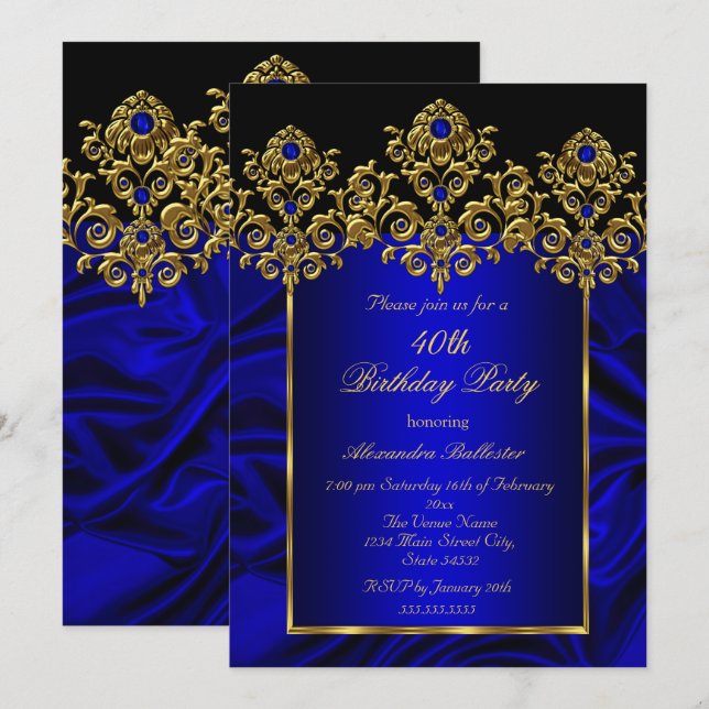 Invitación Fiesta de cumpleaños 40 Silk Royal Blue Gemas Oro (Anverso / Reverso)