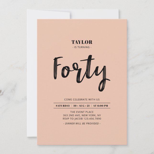 Invitación Fiesta de Cumpleaños 40 Simple Melocotón y Blanco (Anverso)