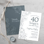 Invitación Fiesta de cumpleaños 40 Slate Blue White Surprise<br><div class="desc">Invitación a la fiesta de cumpleaños número 40 de Slate Blue White Surprise. Diseño moderno minimalista con acentos botánicos y tipo de letra de escritura tipográfica. Tarjeta de invitación floral perfecta para una elegante celebración de cumpleaños sorpresa femenina. Se puede personalizar a cualquier edad.</div>