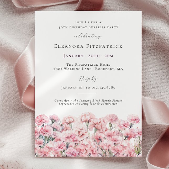 Invitación FIESTA DE CUMPLEAÑOS 40 Sorpresa Clavel Rosa Flora (Subido por el creador)