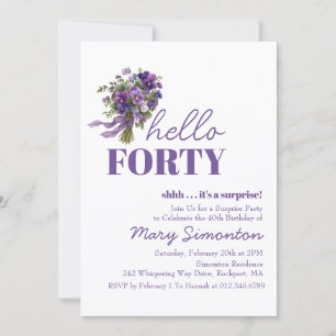 Invitación FIESTA DE CUMPLEAÑOS 40 Sorpresa Ramo Floral Púrpu