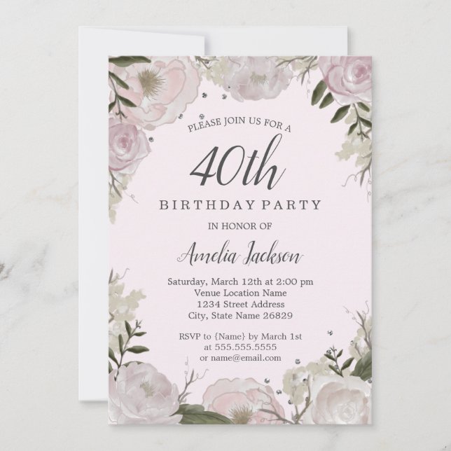 Invitación Fiesta de cumpleaños 40 Sparkle Pink Floral (Anverso)