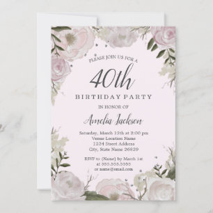 Invitación Fiesta de cumpleaños 40 Sparkle Pink Floral