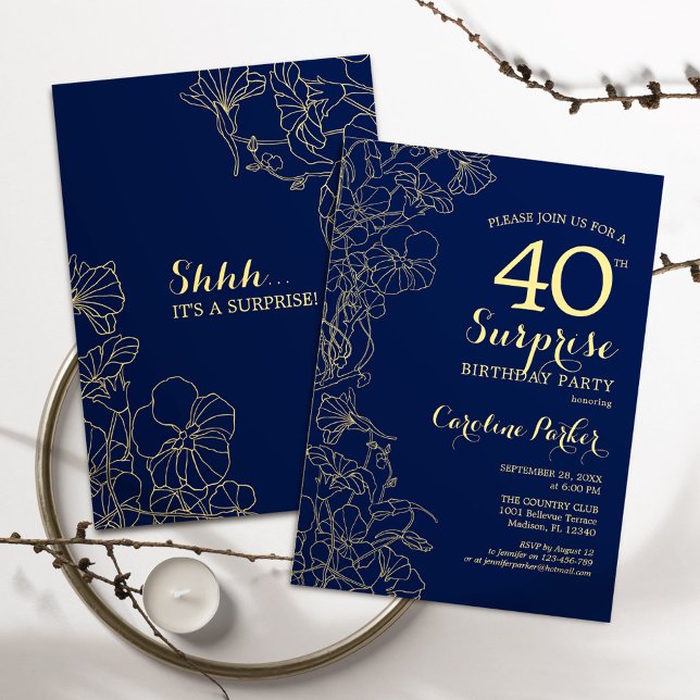 Invitación Fiesta de cumpleaños 40 Surprise Navy Gold (Subido por el creador)