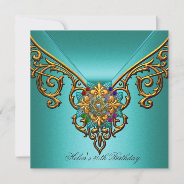 Invitación Fiesta de cumpleaños 40 Teal Blue joya de encaje d (Anverso)