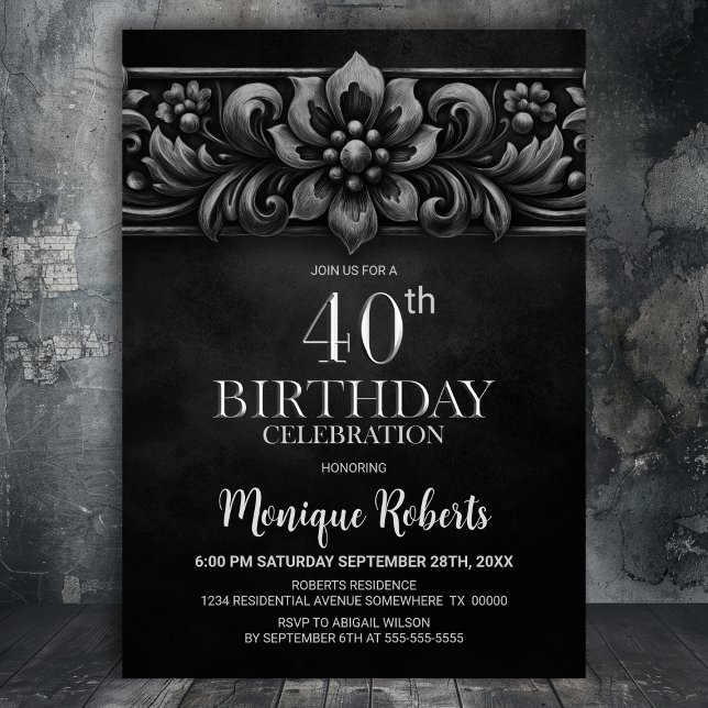 Invitación Fiesta de cumpleaños 40 Vintage Flower Black (Subido por el creador)