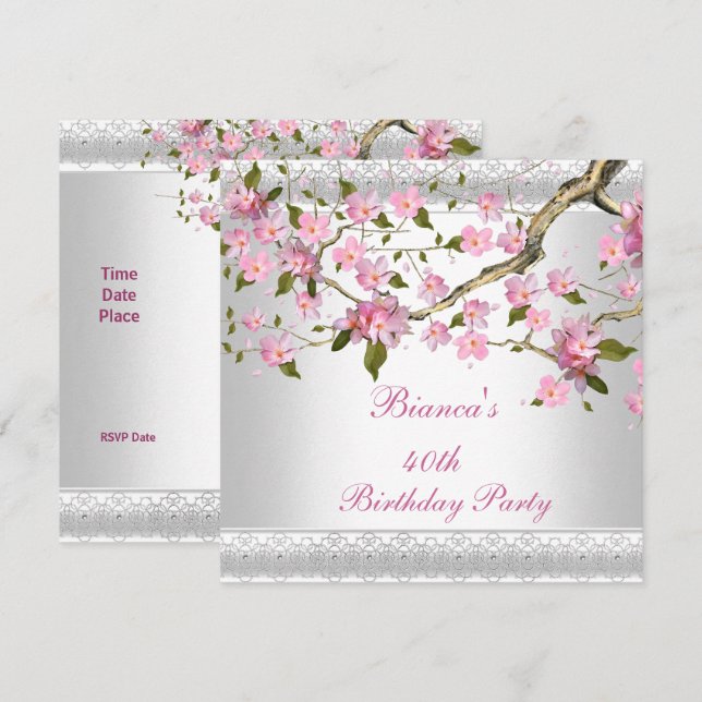 Invitación Fiesta de cumpleaños 40 White Pink Blossoms floral (Anverso / Reverso)