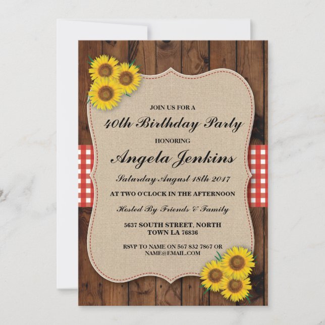 Invitación Fiesta de Cumpleaños 40th Sunflower Wood Burlap In (Anverso)