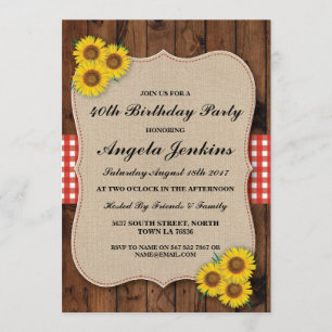 Invitación Fiesta de cumpleaños 40th Sunflower Wood Burlap In