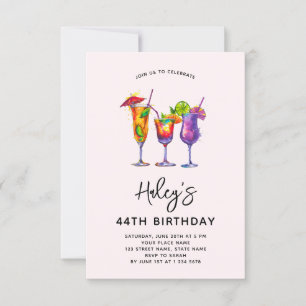 Invitación Fiesta de cumpleaños 44 con cócteles de acuarela