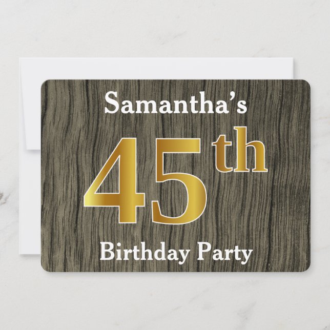 Invitación Fiesta de cumpleaños 45 de Rustic, Faux Gold; nomb (Anverso)