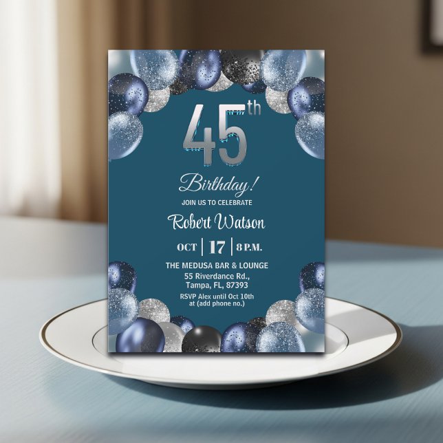 Invitación Fiesta de Cumpleaños 45 Elegante con Brillo Azul P (Subido por el creador)