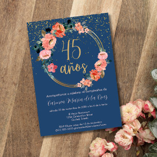 Invitación Fiesta de Cumpleaños 45 Española Hermosa Chic Flor