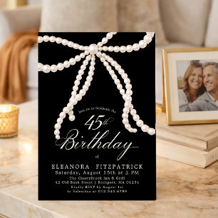 Invitación Fiesta de cumpleaños 45 negro blanco Coquette lazo