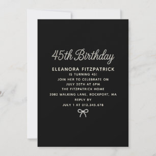 Invitación Fiesta de cumpleaños 45 negro blanco perla guión l