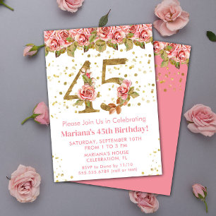 Invitación Fiesta de cumpleaños 45 Pink Floral Gold Glitter