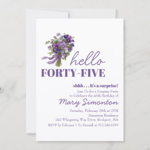 Invitación FIESTA DE CUMPLEAÑOS 45 Sorpresa Ramo Floral Púrpu