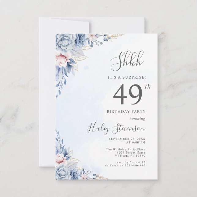 Invitación Fiesta de cumpleaños 49 sorpresa con acuarela azul (Anverso)