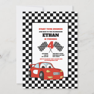Invitación Fiesta de Cumpleaños 4 años Auto de Carreras Rojo 
