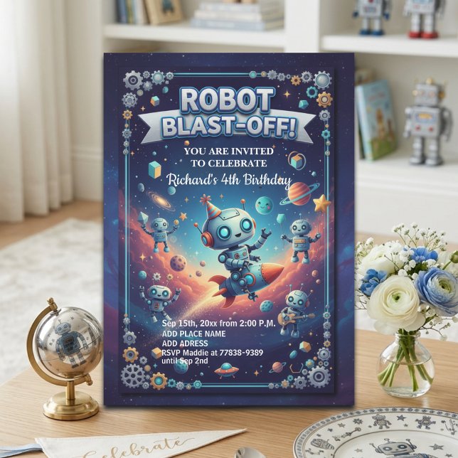 Invitación Fiesta de Cumpleaños 4 años Robots en el Espacio (Subido por el creador)