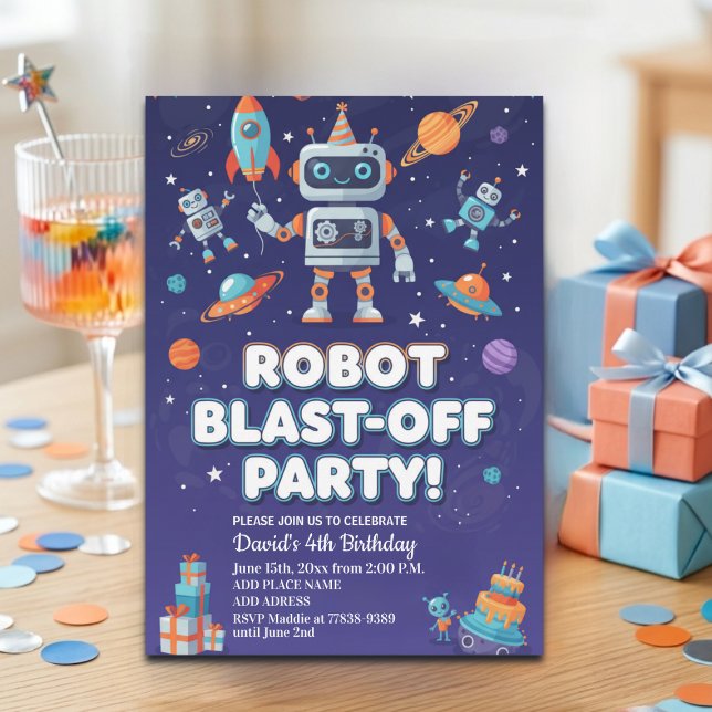 Invitación Fiesta de Cumpleaños 4 años Robots en el Espacio (Subido por el creador)