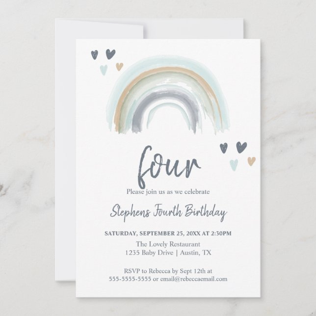 Invitación Fiesta de cumpleaños 4 Blue Boho Arcoíris (Anverso)