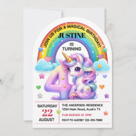 Invitación Fiesta de Cumpleaños 4 Cute Rainbow y Unicornio