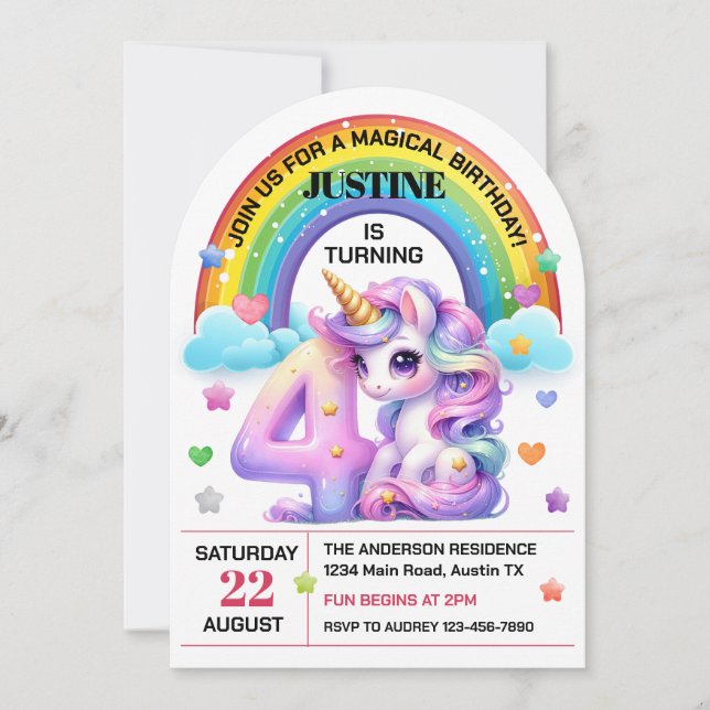 Invitación Fiesta de Cumpleaños 4 Cute Rainbow y Unicornio (Anverso)