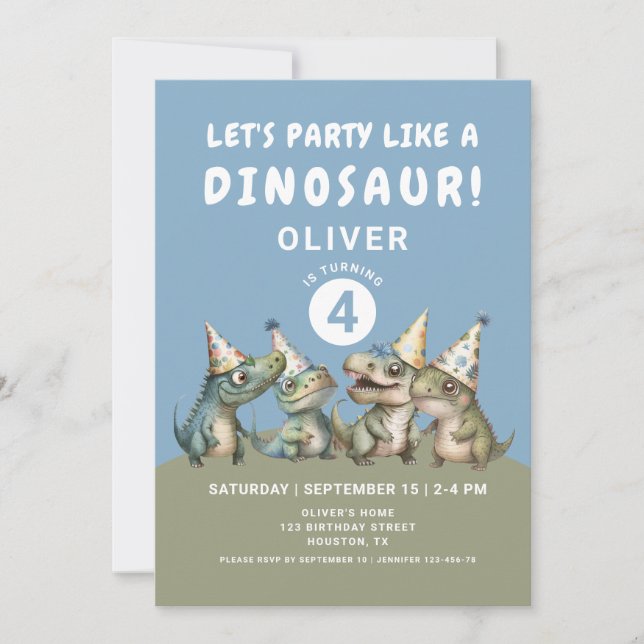 Invitación Fiesta de cumpleaños 4 de dinosaurio lindo (Anverso)