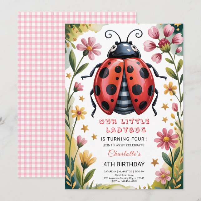 Invitación Fiesta de cumpleaños 4 de Ladybug linda (Anverso / Reverso)