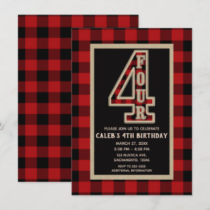 Invitación Fiesta de Cumpleaños 4 de Plaid de Búfalo Rojo y N