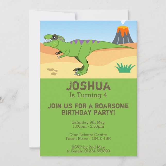 Invitación Fiesta de cumpleaños 4 del T-Rex Dinosaurio & Volc (Anverso)