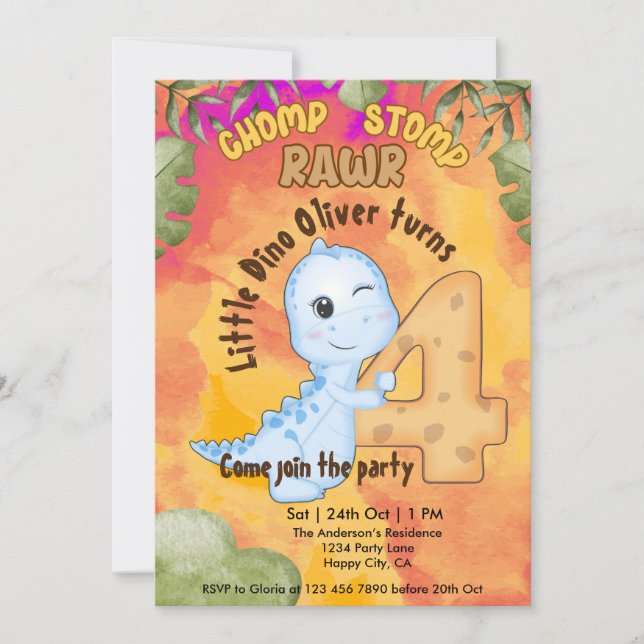 Invitación fiesta de cumpleaños 4 Dinosaur Stomp Chomp Rawr (Anverso)