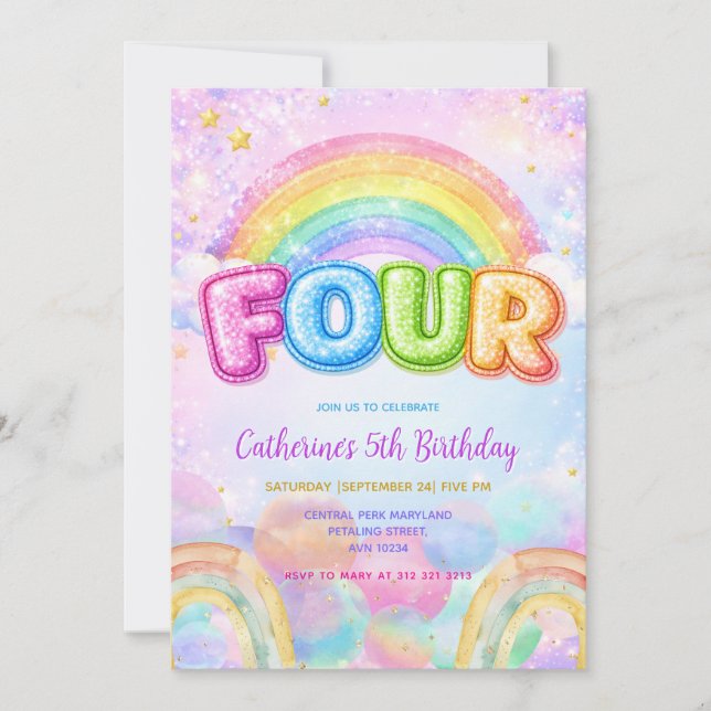Invitación Fiesta de cumpleaños 4 Sparkle Rainbow (Anverso)