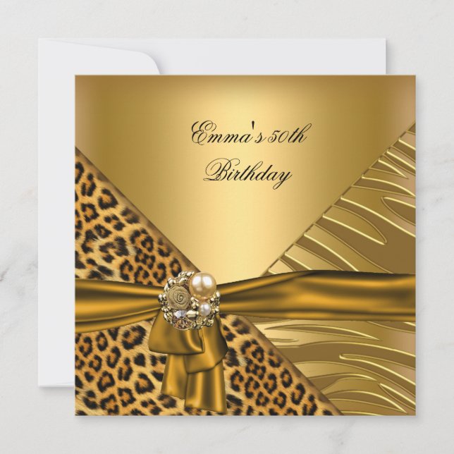 Invitación Fiesta de Cumpleaños 50º Cebra Leopardo Dorado Neg (Anverso)