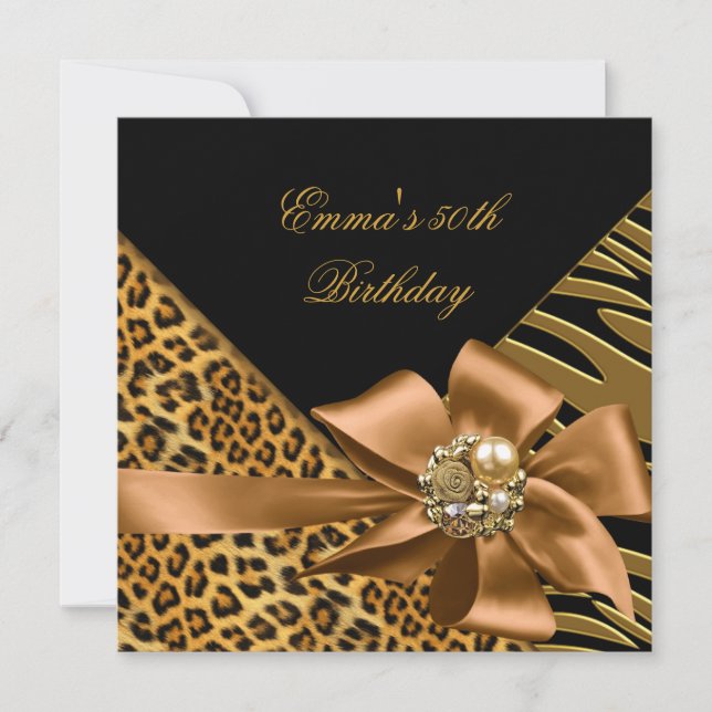 Invitación Fiesta de Cumpleaños 50º Cebra Leopardo Dorado Neg (Anverso)