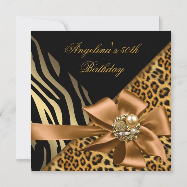 Invitación Fiesta de Cumpleaños 50º Cebra Leopardo Dorado Neg (Anverso)
