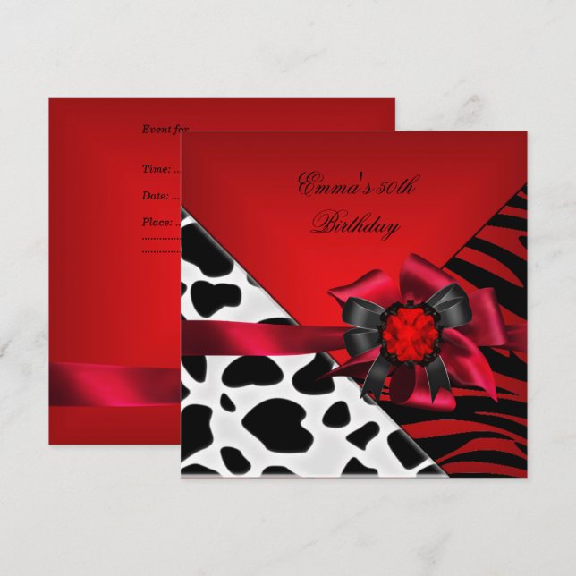 Invitación Fiesta de Cumpleaños 50º Cebra Vaca Rojo Negro Bla (Anverso / Reverso)