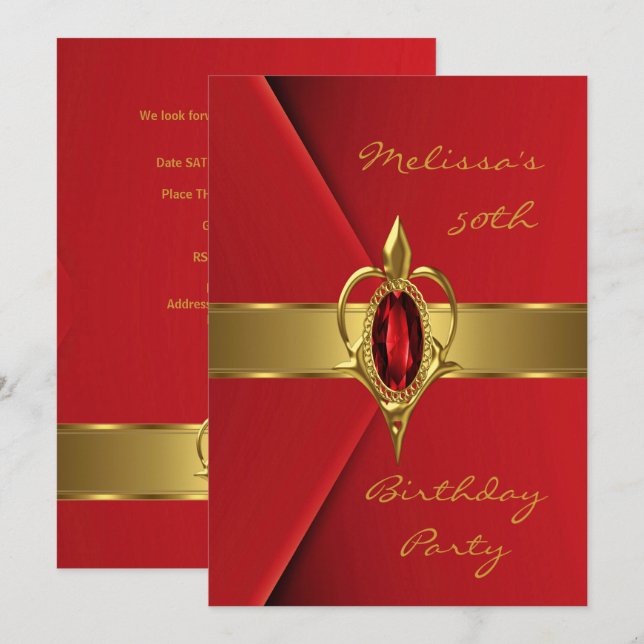 Invitación Fiesta de Cumpleaños 50º Falso Terciopelo Rojo Per (Anverso / Reverso)