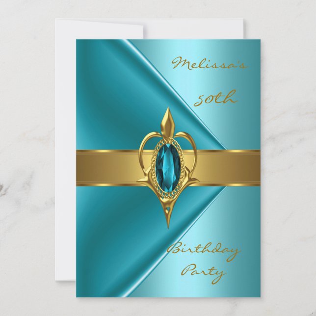 Invitación Fiesta de Cumpleaños 50º terciopelo turquesa perla (Anverso)