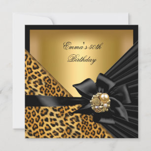 Invitación Fiesta de cumpleaños 50.º Leopard Gold Black Bow