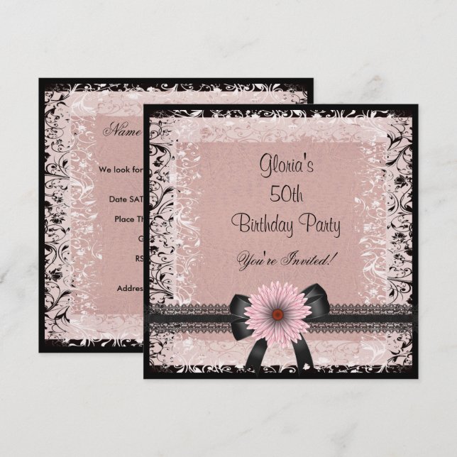 Invitación Fiesta de Cumpleaños 50 Años Negro Blanco Beige Ro (Anverso / Reverso)