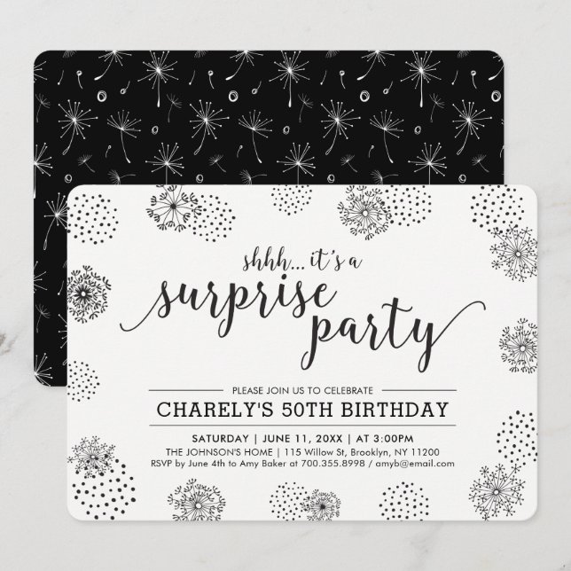 Invitación Fiesta de cumpleaños 50 Black | Sorpresa floral mo (Anverso / Reverso)