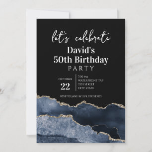 Invitación Fiesta de cumpleaños 50 Blue and Gold Agate
