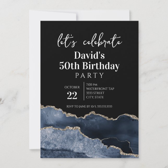 Invitación Fiesta de cumpleaños 50 Blue and Gold Agate (Anverso)