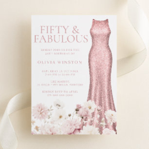 Invitación Fiesta de Cumpleaños 50 Blush Rosa Floral y Vestid